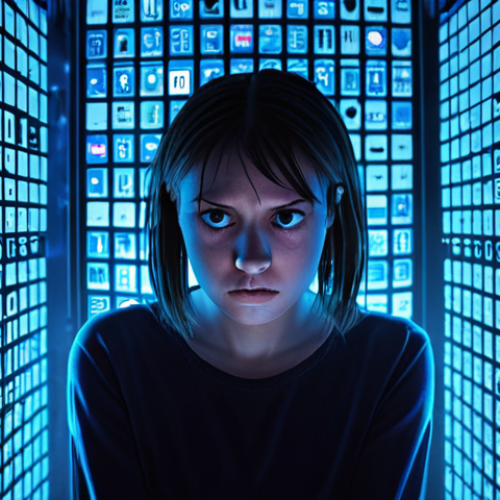 Home 19 "Algorithmic Cage"**
* **Description:** A person trapped inside a cage made of computer code and social media icons. The bars are glowing lines of binary code and logos of popular platforms like Instagram, Facebook, and TikTok. The person looks anxious and overwhelmed, bathed in the blue light of a screen. The background features faint cityscape outlines blurred and out of focus, suggesting a world consumed by technology. The overall style should be gritty and realistic, with a focus on conveying a sense of claustrophobia and the erosion of privacy.
**