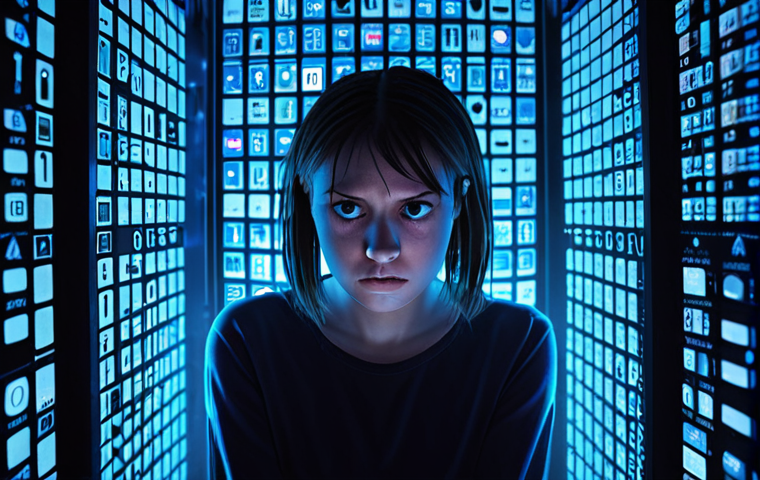 "Algorithmic Cage"**
* **Description:** A person trapped inside a cage made of computer code and social media icons. The bars are glowing lines of binary code and logos of popular platforms like Instagram, Facebook, and TikTok. The person looks anxious and overwhelmed, bathed in the blue light of a screen. The background features faint cityscape outlines blurred and out of focus, suggesting a world consumed by technology. The overall style should be gritty and realistic, with a focus on conveying a sense of claustrophobia and the erosion of privacy.
**