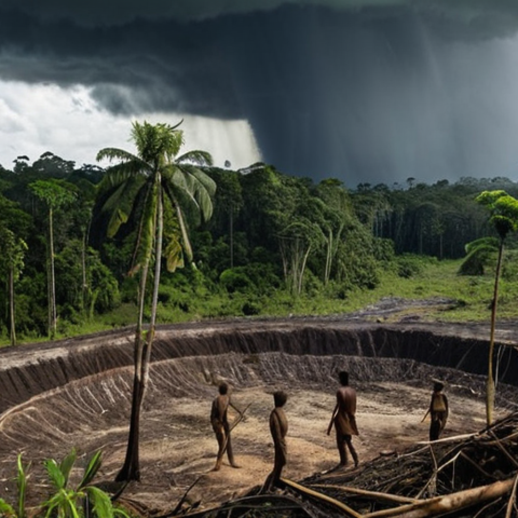 **

A stark contrast. On one side, a vibrant, lush Amazon rainforest. On the other, a desolate wasteland of deforestation and pollution. In the sky, dark storm clouds gather over the wasteland, while a single ray of sunshine breaks through over the rainforest. Small figures of people are planting trees in the rainforest side, symbolizing hope. The scene evokes a sense of urgency and the consequences of environmental destruction.

**