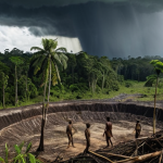 **

A stark contrast. On one side, a vibrant, lush Amazon rainforest. On the other, a desolate wasteland of deforestation and pollution. In the sky, dark storm clouds gather over the wasteland, while a single ray of sunshine breaks through over the rainforest. Small figures of people are planting trees in the rainforest side, symbolizing hope. The scene evokes a sense of urgency and the consequences of environmental destruction.

**
