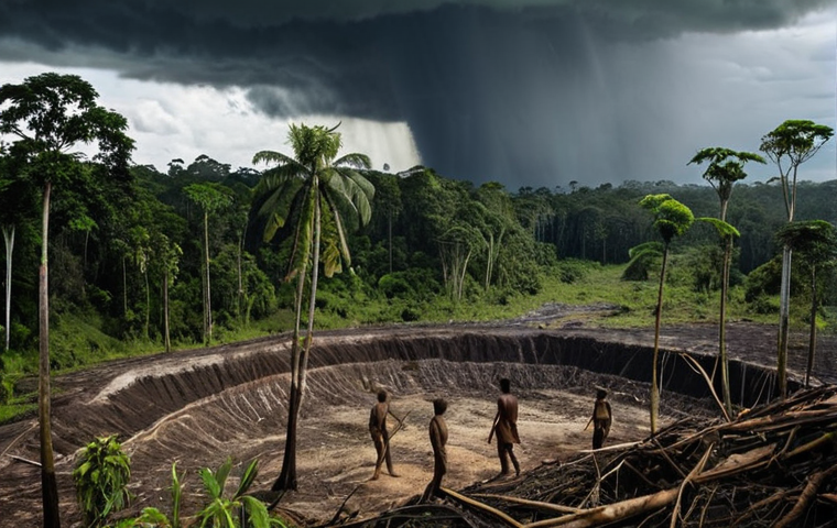 **
A stark contrast. On one side, a vibrant, lush Amazon rainforest. On the other, a desolate wasteland of deforestation and pollution. In the sky, dark storm clouds gather over the wasteland, while a single ray of sunshine breaks through over the rainforest. Small figures of people are planting trees in the rainforest side, symbolizing hope. The scene evokes a sense of urgency and the consequences of environmental destruction.
**