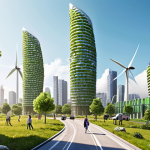 **Prompt:** A vibrant, futuristic yet grounded city seamlessly integrating advanced green technology and nature. Solar panel-covered skyscrapers glisten under a clean sky, while wind turbines spin gracefully in the distance. Electric vehicles move through lush urban parks and elevated green spaces. People engage in circular economy practices, with visible elements of advanced recycling and innovative sustainable architecture. The scene radiates hope and a sense of thriving ecological harmony, illustrating a successful transition towards a resilient, green paradigm. High detail, bright natural lighting, optimistic atmosphere.