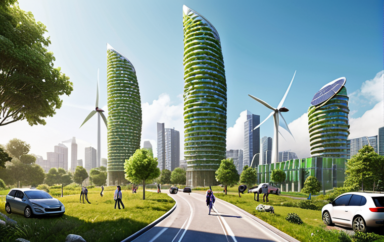 **Prompt:** A vibrant, futuristic yet grounded city seamlessly integrating advanced green technology and nature. Solar panel-covered skyscrapers glisten under a clean sky, while wind turbines spin gracefully in the distance. Electric vehicles move through lush urban parks and elevated green spaces. People engage in circular economy practices, with visible elements of advanced recycling and innovative sustainable architecture. The scene radiates hope and a sense of thriving ecological harmony, illustrating a successful transition towards a resilient, green paradigm. High detail, bright natural lighting, optimistic atmosphere.
