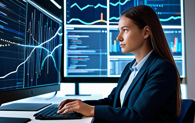 A professional data scientist, mid-30s, with a focused and contemplative expression. She is fully clothed in a modest, tailored business casual outfit, including a blazer and a collared shirt. She is seated at a sleek, minimalist desk in a modern office. The background features abstract, glowing holographic data visualizations and intricate network lines, subtly representing complex information flows and digital insights. The lighting is soft and ambient, creating a thoughtful atmosphere. This is a high-resolution, professional photograph with perfect anatomy, correct proportions, a natural pose, well-formed hands, proper finger count, and natural body proportions. safe for work, appropriate content, fully clothed, professional.