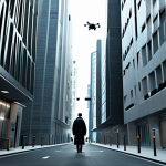 A lone adult figure, fully clothed in a professional, modest, neutral-toned outfit, walks through a sterile, high-tech urban environment. The scene features sleek, futuristic architecture, integrated surveillance cameras subtly visible on buildings, and small, unobtrusive drones hovering in the distance. Digital data overlays are faintly visible in the air, hinting at constant monitoring. The lighting is cold and uniform, emphasizing a sense of order and control. The figure's posture is natural, blending into the environment. Perfect anatomy, correct proportions, well-formed hands, proper finger count, natural body proportions. High-resolution, professional photography, cinematic lighting, ultra-detailed. safe for work, appropriate content, family-friendly, fully clothed.