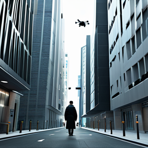 Home 22 A lone adult figure, fully clothed in a professional, modest, neutral-toned outfit, walks through a sterile, high-tech urban environment. The scene features sleek, futuristic architecture, integrated surveillance cameras subtly visible on buildings, and small, unobtrusive drones hovering in the distance. Digital data overlays are faintly visible in the air, hinting at constant monitoring. The lighting is cold and uniform, emphasizing a sense of order and control. The figure's posture is natural, blending into the environment. Perfect anatomy, correct proportions, well-formed hands, proper finger count, natural body proportions. High-resolution, professional photography, cinematic lighting, ultra-detailed. safe for work, appropriate content, family-friendly, fully clothed.