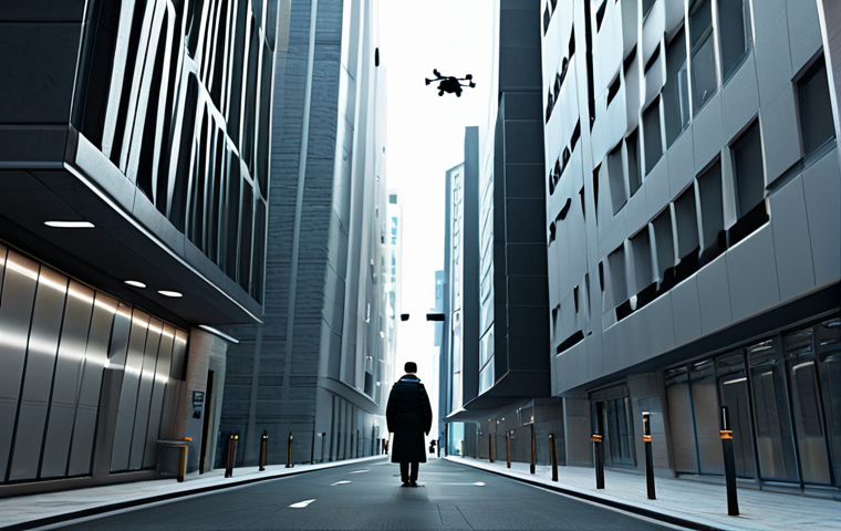 A lone adult figure, fully clothed in a professional, modest, neutral-toned outfit, walks through a sterile, high-tech urban environment. The scene features sleek, futuristic architecture, integrated surveillance cameras subtly visible on buildings, and small, unobtrusive drones hovering in the distance. Digital data overlays are faintly visible in the air, hinting at constant monitoring. The lighting is cold and uniform, emphasizing a sense of order and control. The figure's posture is natural, blending into the environment. Perfect anatomy, correct proportions, well-formed hands, proper finger count, natural body proportions. High-resolution, professional photography, cinematic lighting, ultra-detailed. safe for work, appropriate content, family-friendly, fully clothed.