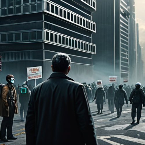 Home 9 Corporate Control in a Dystopian Cityscape**
"A towering megacorporation headquarters dominates a polluted cityscape, holographic advertisements flicker across the sky, depicting idealized consumer lifestyles. Below, fully clothed citizens in drab, utilitarian clothing shuffle through crowded streets monitored by omnipresent surveillance drones. A small group of protestors holds up signs advocating for freedom and environmental protection, but their voices are drowned out by the corporate propaganda. Safe for work, appropriate content, fully clothed, professional, perfect anatomy, correct proportions, realistic rendering, high quality, cinematic lighting, smoggy atmosphere, shadows, dystopian future."
**