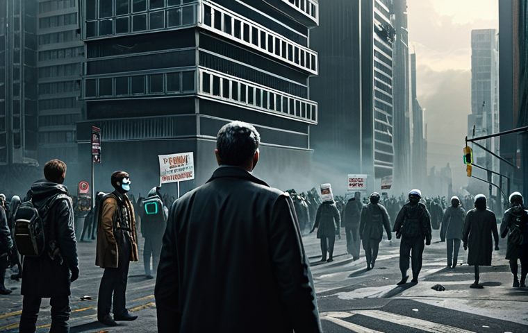Corporate Control in a Dystopian Cityscape**
"A towering megacorporation headquarters dominates a polluted cityscape, holographic advertisements flicker across the sky, depicting idealized consumer lifestyles. Below, fully clothed citizens in drab, utilitarian clothing shuffle through crowded streets monitored by omnipresent surveillance drones. A small group of protestors holds up signs advocating for freedom and environmental protection, but their voices are drowned out by the corporate propaganda. Safe for work, appropriate content, fully clothed, professional, perfect anatomy, correct proportions, realistic rendering, high quality, cinematic lighting, smoggy atmosphere, shadows, dystopian future."
**