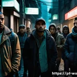 Home 21 디스토피아적 환경에서의 인간의 선택 - A tense dystopian urban scene depicting a diverse group of people in everyday clothing, some wearing...