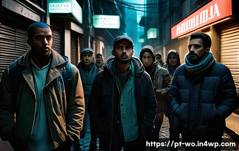 디스토피아적 환경에서의 인간의 선택 - A tense dystopian urban scene depicting a diverse group of people in everyday clothing, some wearing...