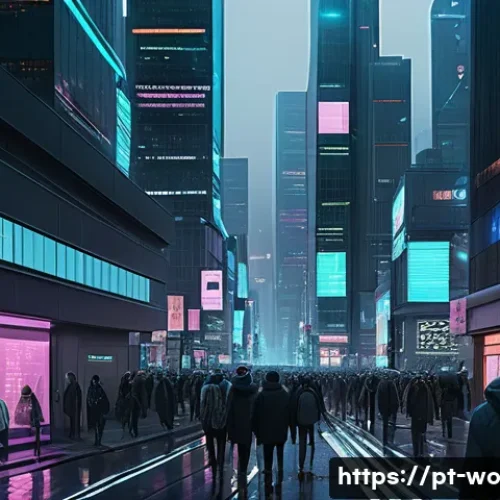 Home 32 디스토피아적 테마가 등장하는 최신 영화 - A dystopian urban scene at night featuring cold, muted blue and gray tones with dim, low lighting. T...