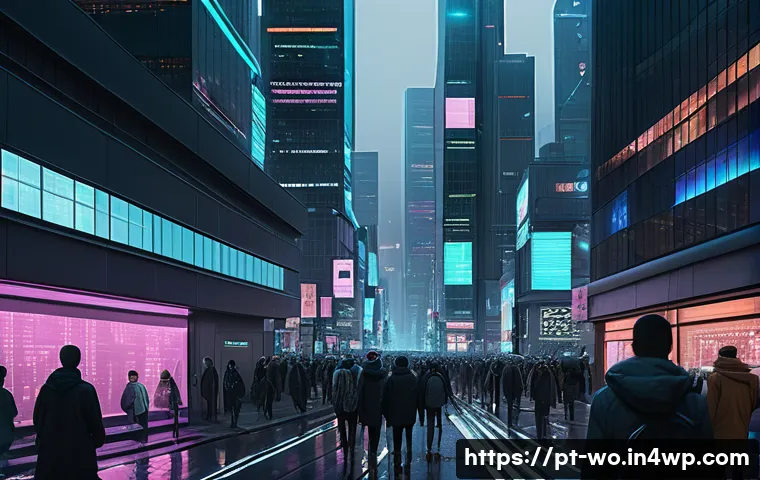 디스토피아적 테마가 등장하는 최신 영화 - A dystopian urban scene at night featuring cold, muted blue and gray tones with dim, low lighting. T...
