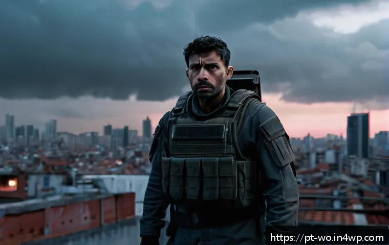 디스토피아적 사회의 비극적 영웅 - A tragic dystopian hero standing alone on a crumbling urban rooftop at dusk, wearing worn but intact...