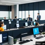 Home 18 디스토피아적 사회에서의 노동 문제 - A modern office scene showing diverse employees working at desks with computers, some looking anxiou...