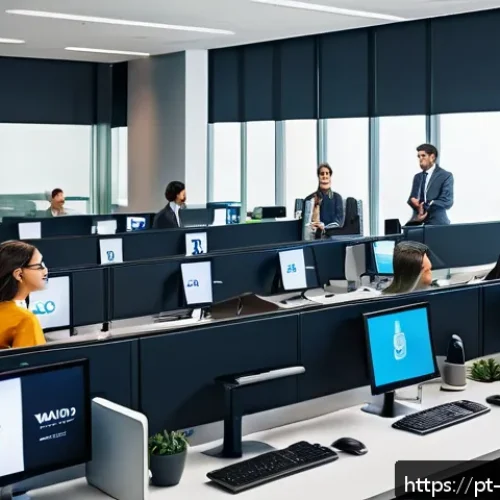 Home 30 디스토피아적 사회에서의 노동 문제 - A modern office scene showing diverse employees working at desks with computers, some looking anxiou...