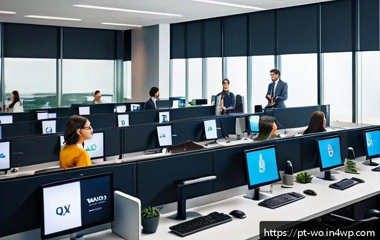 디스토피아적 사회에서의 노동 문제 - A modern office scene showing diverse employees working at desks with computers, some looking anxiou...