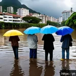 Home 23 디스토피아적 미래 예측의 과학적 근거 - A vibrant urban Brazilian coastal scene depicting the effects of climate change: flooded streets in ...