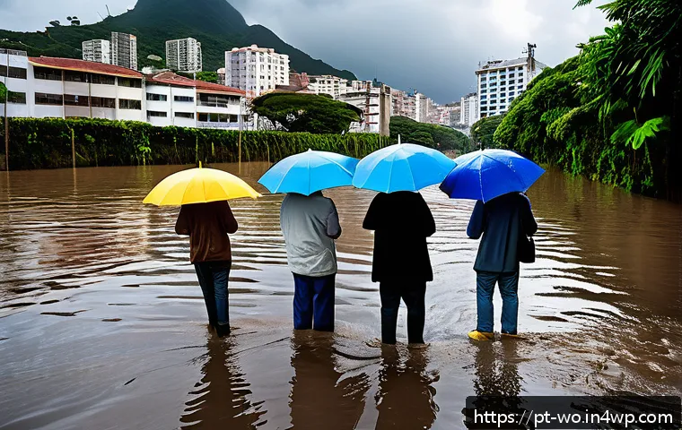 디스토피아적 미래 예측의 과학적 근거 - A vibrant urban Brazilian coastal scene depicting the effects of climate change: flooded streets in ...
