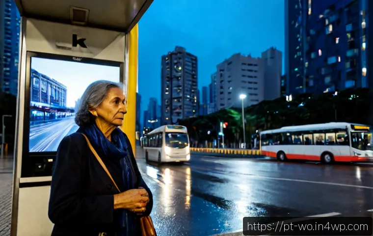 Home 17 디스토피아 경고와 인공지능의 관계 - Photorealistic evening scene in São Paulo, Brazil: an older Brazilian woman standing at a bus stop, ...